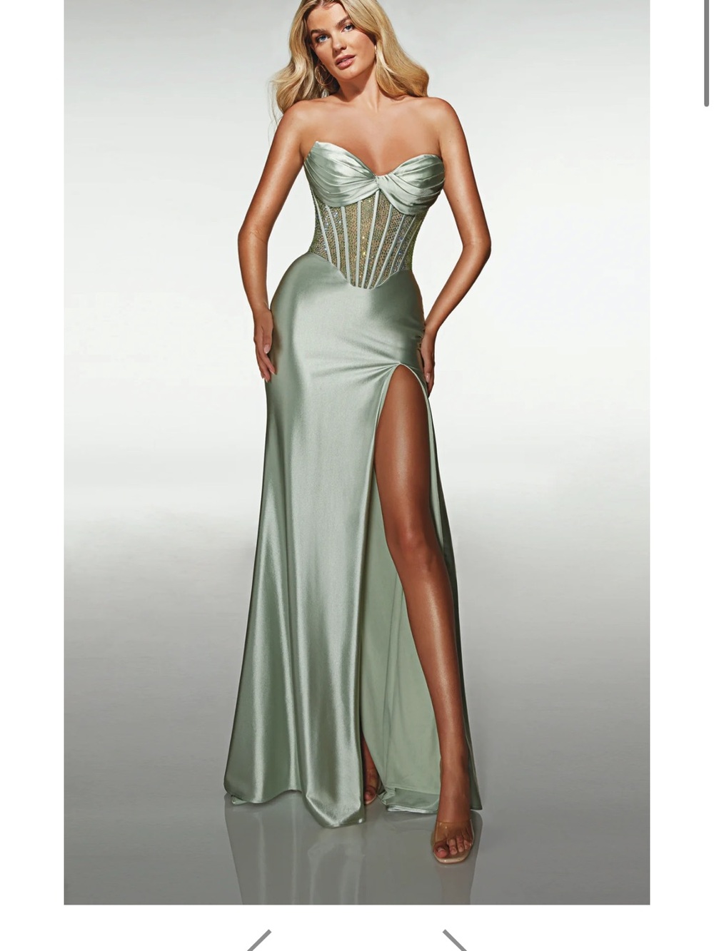 Alyce Paris Sage Green Strapless Corset Evening Gown 62177